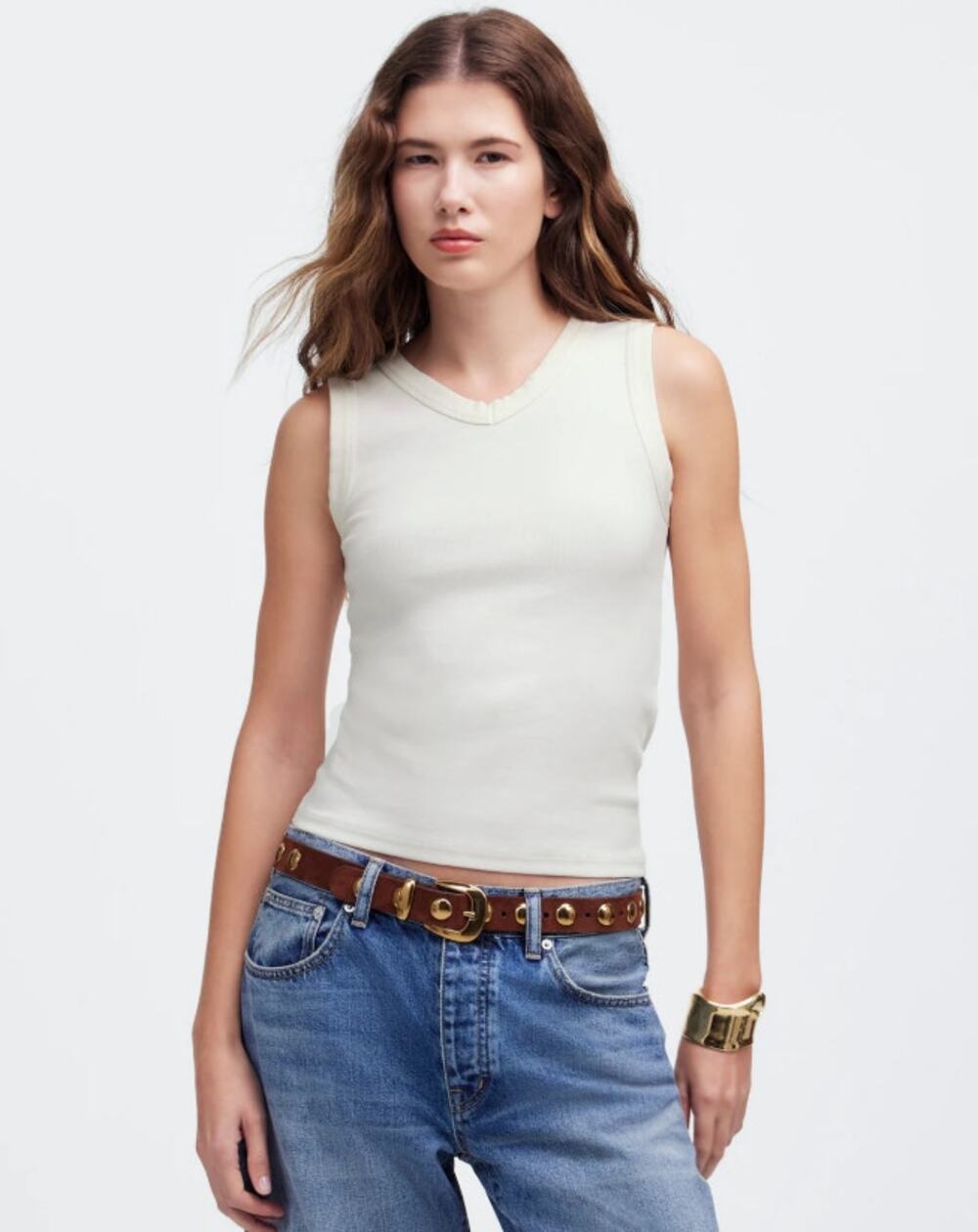 Madewell (Re)generative Cotton Ribbed High V-Neck Tank WMNS S White Stretch Soft